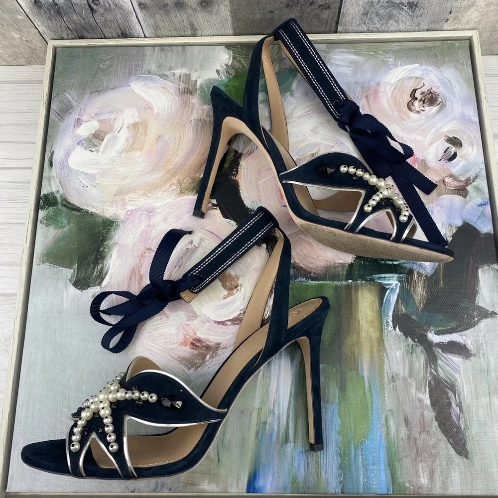 Tory Burch Sea Star Starfish Beaded Pearl Ribbon Tie Strappy Heels Size 10.